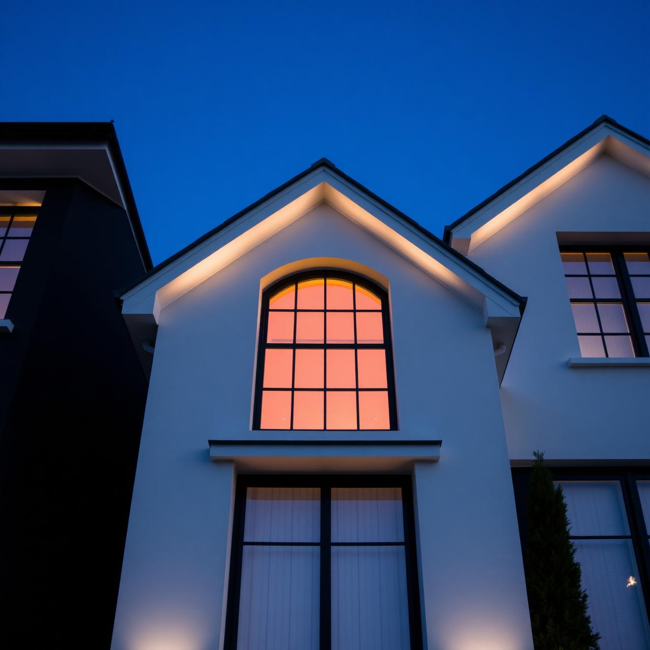 Modern home facade at dusk