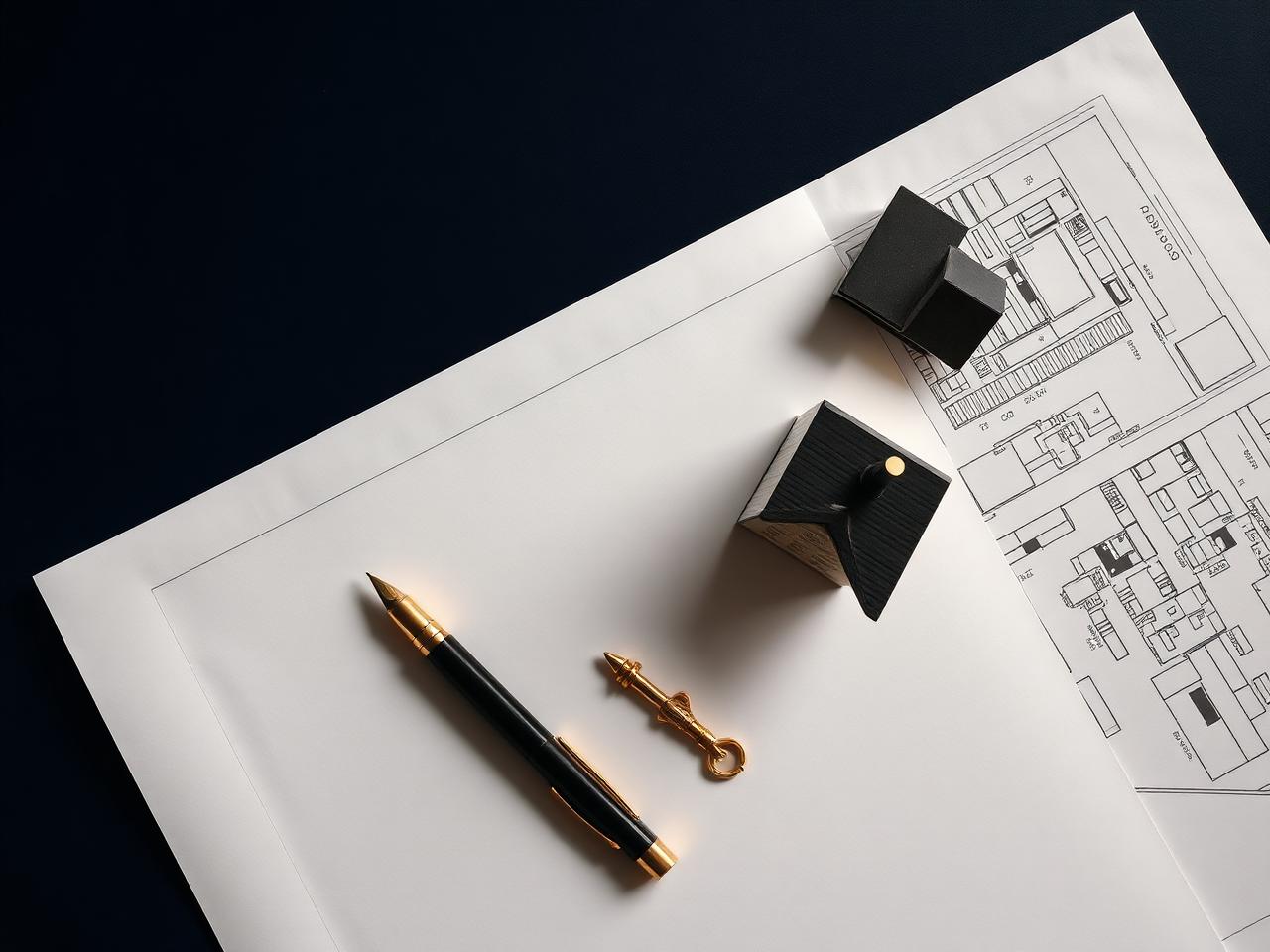 Documents and brass key on a navy desk